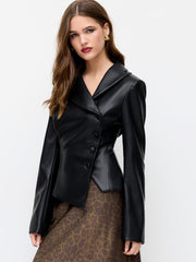 Faux Leather Collar Asymmetrical Button Jacket