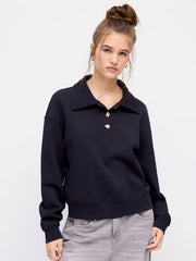 Collar Long Sleeve Metal Button Oversized Sweatshirt