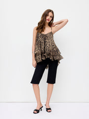 Chiffon Leopard Print V-neck Ruffle Hem knotted Layered Cami Top