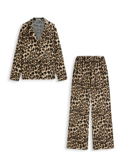 Collar Leopard Print Long Sleeve Top & Mid Rise Straight Leg Trousers Loungewear Set