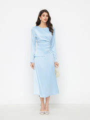 Satin Round Neckline Ruched Lace Up Maxi Dress