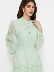 Stand Collar Embroidery Hollow Out Tie Back Knotted Lantern Sleeve Maxi Dress