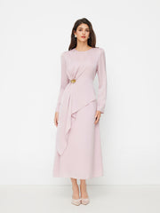 Round Neckline Ruched Metal Detail Knotted Maxi Dress