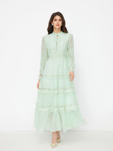 Stand Collar Embroidery Hollow Out Tie Back Knotted Lantern Sleeve Maxi Dress