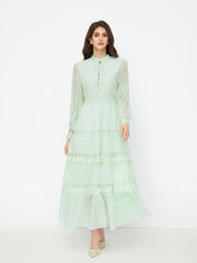 Stand Collar Embroidery Hollow Out Tie Back Knotted Lantern Sleeve Maxi Dress