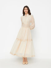 Chiffon High Neck Contrasting Lace Cinched Waist A-line Maxi Dress