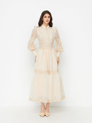 Chiffon High Neck Contrasting Lace Cinched Waist A-line Maxi Dress