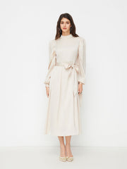 Satin Stand Collar Ruffle Maxi Dress With Belt