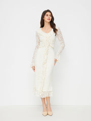 Lace V-neck Floral Ruffle Bell Sleeve Maxi Dress