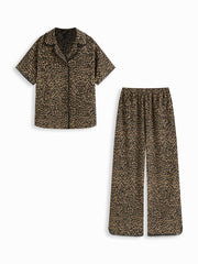 Collar Leopard Print Lace Trim Top & Mid Rise Wide Leg Trousers Loungewear Set