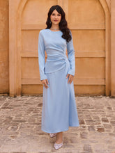 Satin Round Neckline Ruched Lace Up Maxi Dress