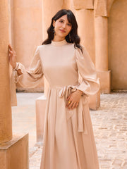 Satin Stand Collar Ruffle Maxi Dress With Belt