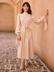 Satin Stand Collar Ruffle Maxi Dress With Belt