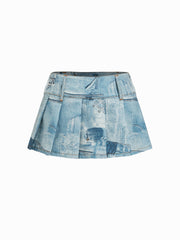 Denim Low Rise Abstract Graphic Pleated Micro Mini Skirt
