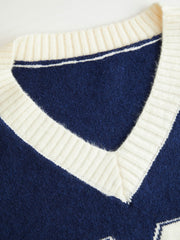 Knit V-neck 23 Graphic Striped Contrasting Binding Oversized Long Sleeve Top