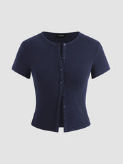 Round Neckline Solid Button Short Sleeve Top