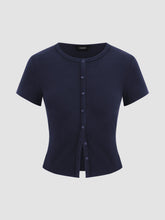 Round Neckline Solid Button Short Sleeve Top
