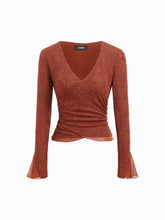 Jacquard Floral V-neck Bell Sleeve Wrap Ruched Top