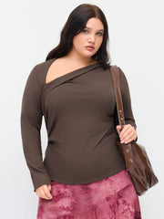 Asymmetrical Neck Long Sleeve Ruched Top Curve & Plus