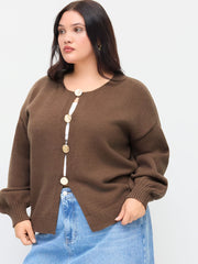 Knit Round Neckline Lantern Long Sleeve Metal Button Top Curve & Plus