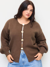 Knit Round Neckline Lantern Long Sleeve Metal Button Top Curve & Plus