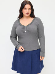 Thermal Cotton-blend V-neck Long Sleeve Lace Trim Ruched Tee Curve & Plus