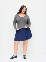 Thermal Cotton-blend V-neck Long Sleeve Lace Trim Ruched Tee Curve & Plus