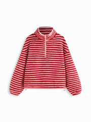 Fleece Stripe Stand Collar Drawstring Half Zip Oversized Sweatshirt
