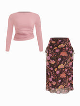 Round Neckline Ruched Long Sleeve Top & Mid Rise Floral Knotted Maxi Skirt Set Curve & Plus