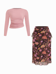 Round Neckline Ruched Long Sleeve Top & Mid Rise Floral Knotted Maxi Skirt Set Curve & Plus