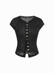 Round Neckline Short Sleeve See-through Button Front Blouse