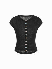 Round Neckline Short Sleeve See-through Button Front Blouse