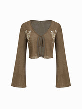 V-neck Floral Embroidery Tie Front Textured Top