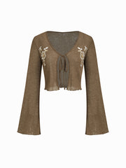 V-neck Floral Embroidery Tie Front Textured Top