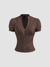 Cotton-blend V-neck Lettuce Trim Short Sleeve Blouse