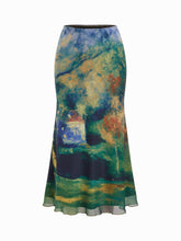 Mesh Oil Painting Mid Rise Lettuce Trim Mermaid Maxi Skirt