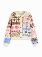 Knit Round Neck Fish Pattern Colorblock Button Oversized Cardigan