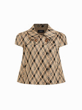 Peter Pan Collar Houndstooth & Polka Dot Button Short Sleeve Blouse