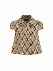 Peter Pan Collar Houndstooth & Polka Dot Button Short Sleeve Blouse