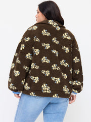Cider Fleece Floral Zip Through Oversized Jacket Curve & Plus