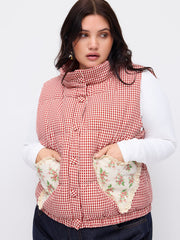 Stand Collar Gingham Floral Heart Oversized Puffer Vest