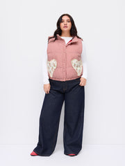Stand Collar Gingham Floral Heart Oversized Puffer Vest