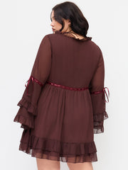 Chiffon V-neck Lettuce Trim Bowknot Ruffle Mini Dress Curve & Plus