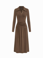 Collar Ruched Metal Button Long Sleeve Maxi Dress