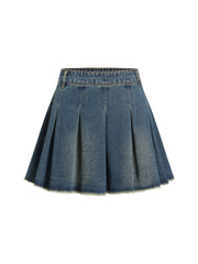 Denim High Waist Pleated Raw Hem Mini Skirt