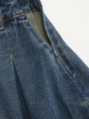 Denim High Waist Pleated Raw Hem Mini Skirt