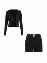 4 PCS Lettuce Trim Top & Mid Rise Bowknot Shorts Loungewear Set With Lingerie & Brief Set