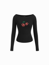 Round Neckline Skeleton Cherry Pattern Long Sleeve Tee
