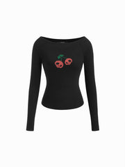 Round Neckline Skeleton Cherry Pattern Long Sleeve Tee