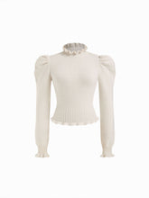 Knit High Neck Puff Sleeve Lettuce Trim Top